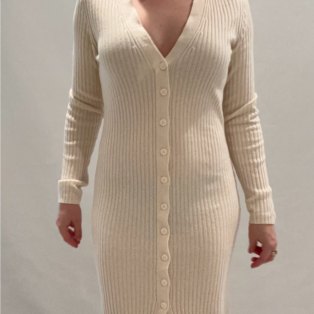 GAP Cream Ribbed V-Neck Long Sleeve Dress